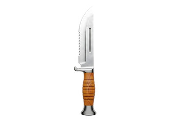 A sharp hunting knife isolated on transparent background with a wooden handle