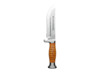 A sharp hunting knife isolated on transparent background with a wooden handle