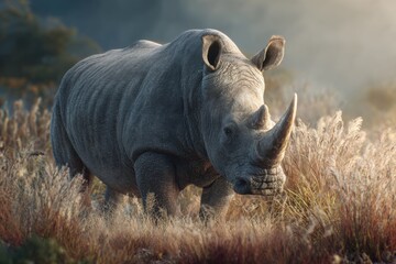 Obraz premium Whiterhino stands proudly in tall grass during the early morning light in a serene natural habitat