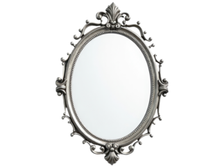 A silver oval mirror hanging on a white wall