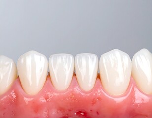 Close-up showcases a row of gleaming white teeth nestled within pink gums against a soft gray background