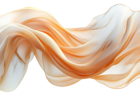 Lightweight fabric floats gracefully against a pure white backdrop, its soft, gentle curves creating a dynamic and airy composition with delicate peach and lavender hues - Powered by Adobe