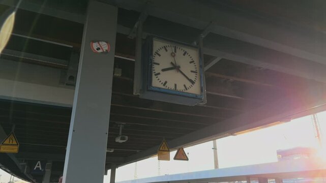 Close view of traditional S Bahn station clock in Munich, showing its clean analog design, bold markers, and red second hand. Cold early morning sunlight creates a crisp, atmospheric railway scene.