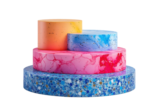 Round marble podiums in blue, pink, and orange colors for product display with transparent background, isolated on white for microstock