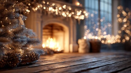 Naklejka premium Cozy Christmas fireplace with warm glowing lights and festive winter holiday atmosphere
