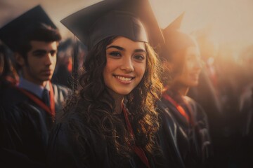 Obraz premium Graduation ceremony celebration among college students with joyful faces and caps at sunset in an outdoor venue