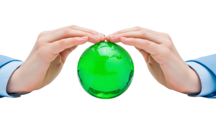 Hands holding a bright green translucent egg isolated on transparent background