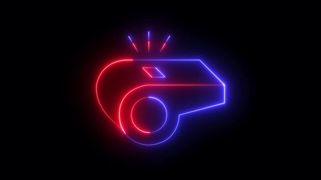 Glowing neon whistle icon isolated on black background. whistle icon animation. Referee symbol. Fitness and sport sign. Symbol of alert and emergency signal. Physical education symbol animation.