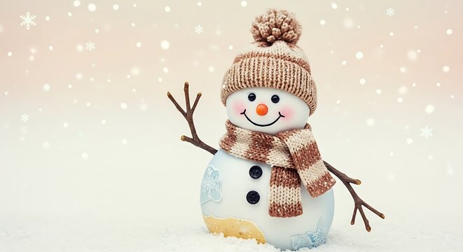 Cheerful snowman wearing a knitted hat and scarf waving hello in a gentle snowfall, perfect for holiday greetings and festive winter promotions