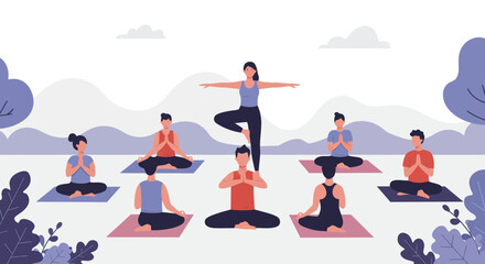 Yoga class in nature with instructor and students