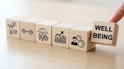Well being concept with wooden blocks and icons of health and lifestyle