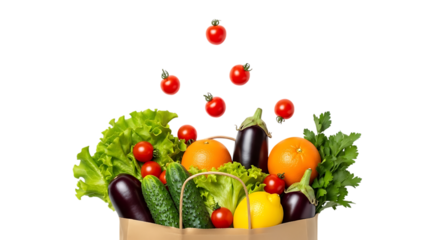 Fresh vegetables and fruits spilling out of a paper bag isolated on transparent background