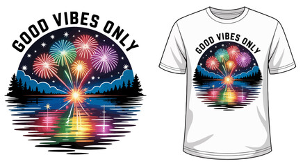 Dynamic cosmic themed t-shirt design featuring radiant burst of colors with “Good Vibes Only” typography, vibrant vector artwork crafted for energetic fashion, inspirational apparel and futuristic sty
