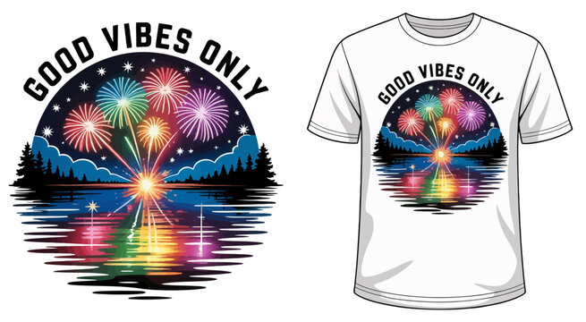 Dynamic cosmic themed t-shirt design featuring radiant burst of colors with “Good Vibes Only” typography, vibrant vector artwork crafted for energetic fashion, inspirational apparel and futuristic sty