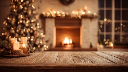 Naklejka premium Warm Christmas ambiance with candles and glowing fireplace