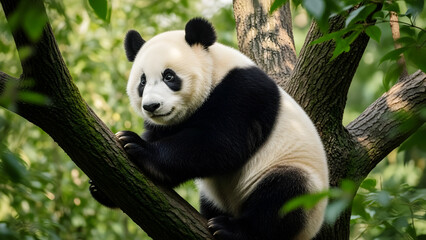 Obraz premium Giant Panda Clinging to a Tree Branch in a Lush Green Forest bear animal