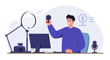 Man with Webcam next to Camera, Ring Light and Microphone