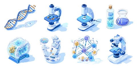 Collection of scientific research and laboratory equipment illustrations in blue and white tones