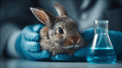 A fluffy bunny is gently held in gloved hands, with a beaker of blue liquid nearby. The image sparks contemplation about laboratory practices and animal welfare.
