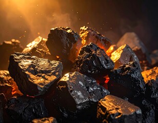 Close-up of a pile of glistening black rocks, some with orange glow and smoke, in a dark environment