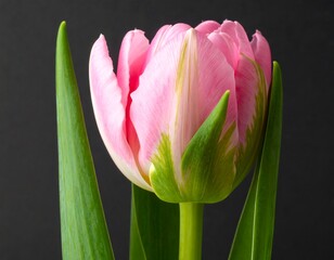 Close-up of a pink and green tulip against a dark backdrop