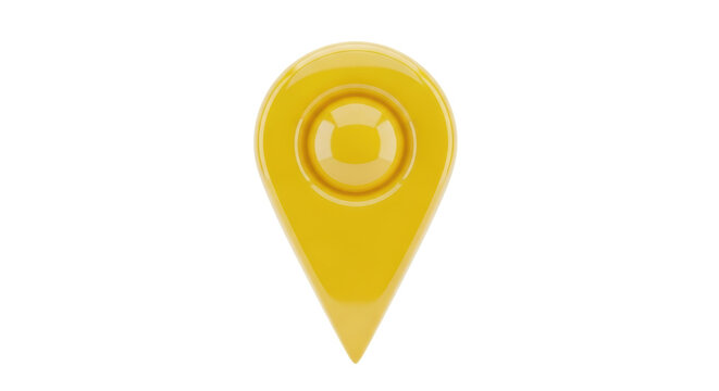 Shiny yellow map pointer PNG isolated on transparent background, location pin graphic for navigation and travel apps