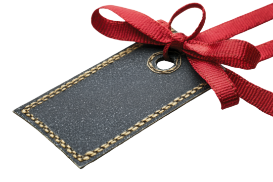 Tan burlap tag with a red ribbon bow isolated on white background in high quality transparency for microstock