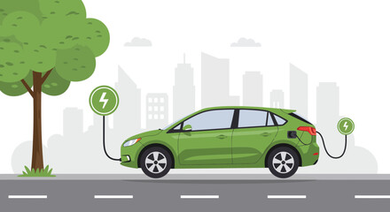 Green Electric Car Charging in Cityscape