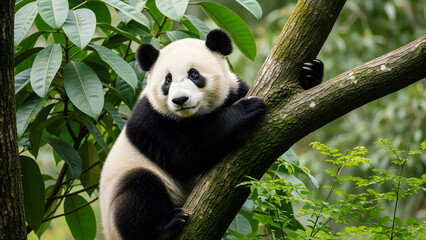 Obraz premium Giant Panda Clinging to a Tree Branch Surrounded by Lush Green Foliage bear animal