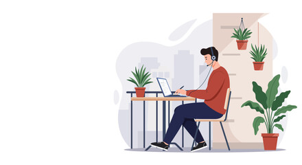 Man Works on Laptop With Headset and Indoor Plants