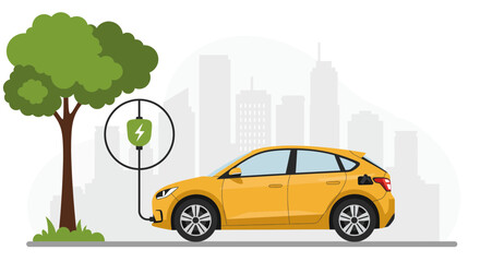 Electric car charging near tree and city skyline