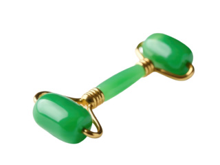 Pair of green plastic dumbbells on a clean white background, perfect for fitness and workout photography
