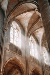 Naklejka premium Gothic cathedral interior showcasing stunning stone textures, intricate arches, and beautiful stained glass windows, creating a serene and atmospheric environment with soft light