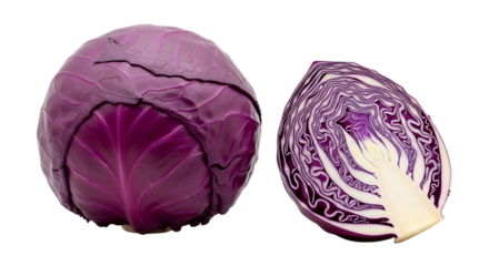 Whole and halved red cabbage isolated on transparent background