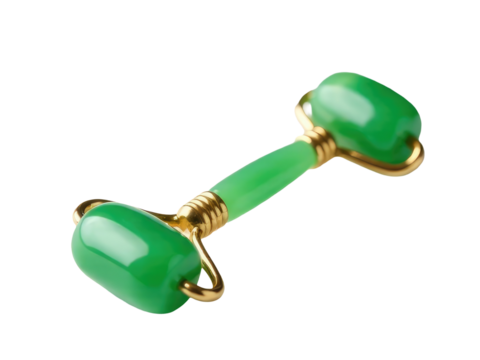 Pair of green plastic dumbbells on a clean white background, perfect for fitness and workout photography