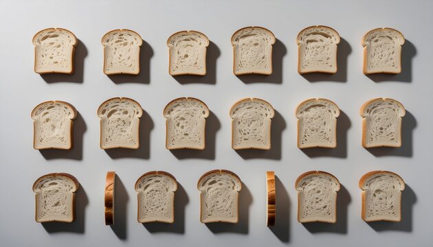 焼き加減で並ぶ食パンのグリッド構成  
Grid of toast slices showing progression of browning
