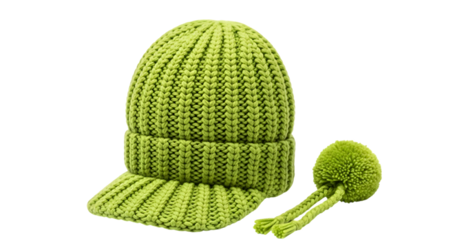 Bright green knitted winter hat with pom pom isolated on transparent background