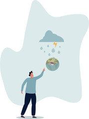 climate change concept.Character showing natural disaster, such as flood.life and employment of people.