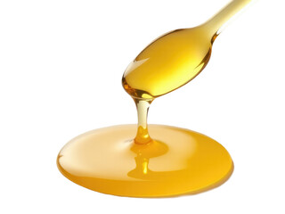 A spoon filled with golden honey sits on a clean white surface, ready for use or display