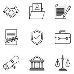 Law and business line icons: legal agreement, security, justice, records isolated on white background, Vector