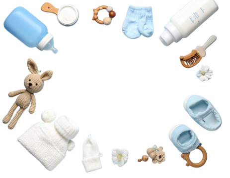 Baby Items Arranged in a Frame on a Blue Background