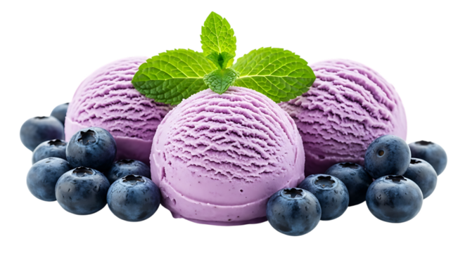Three scoops of purple blueberry ice cream with fresh blueberries and mint isolated on transparent background