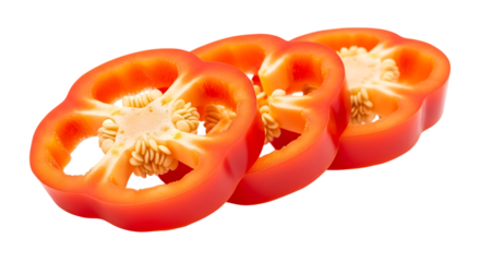 Three slices of red bell pepper isolated on transparent background