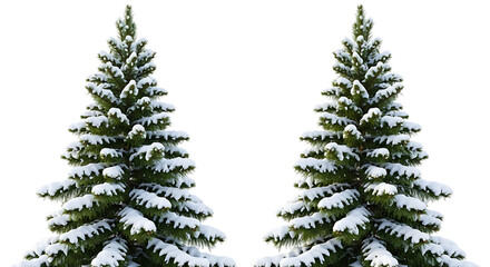 Two snow covered pine trees isolated on transparent background