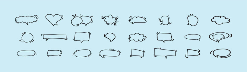 A black and white vector icon set features multiple chat bubbles, outlined in bold black lines to represent conversation, feedback, and communication clarity. vector Illustration.