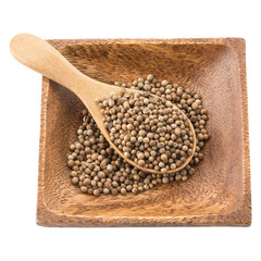 Wooden spoon scooping coriander seeds from a textured bowl