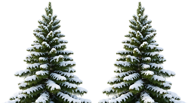 Two snow covered pine trees isolated on transparent background