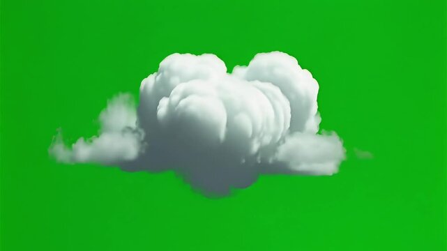 Puffy white cloud on green screen, isolated atmospheric element for sky replacement or weather effects overlay with chroma key background.