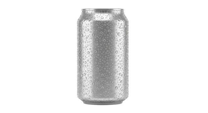 Aluminum soda can with water droplets isolated PNG, blank beverage container for branding and product mockup