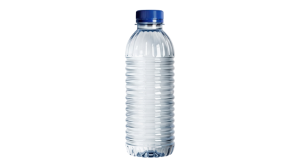 Clear plastic water bottle with blue cap isolated PNG, refreshing drink container for hydration and healthy lifestyle